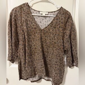 Treasure & Bond Brown Floral V-Neck Women's Top with inlaid crochet